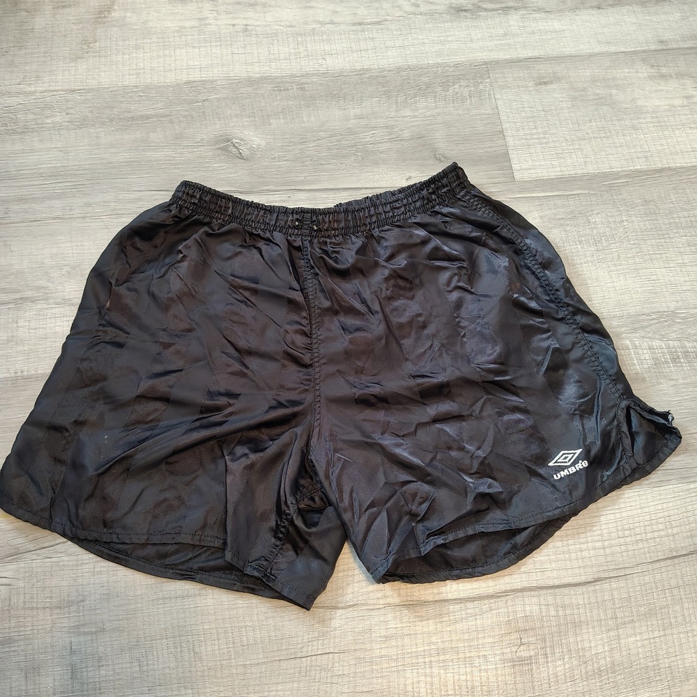 Vintage Umbro Soccer Shorts Mens Medium Black Shadow Stripe Made in USA 90s